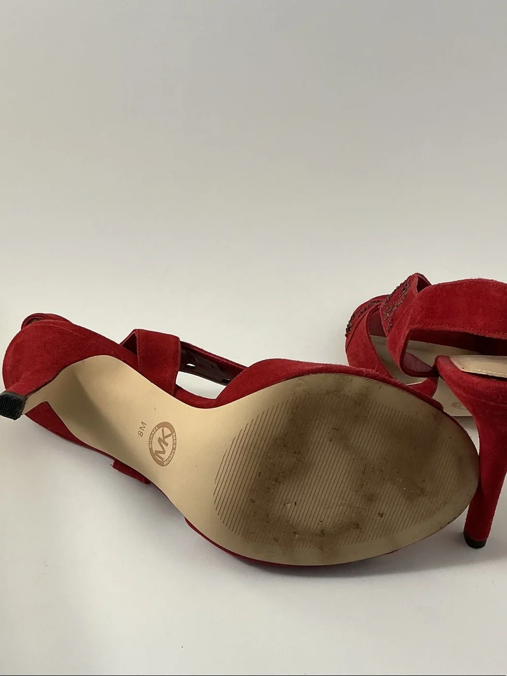 Michael Kors Red Suede Slingback Heels with Cutout & Bead Detail